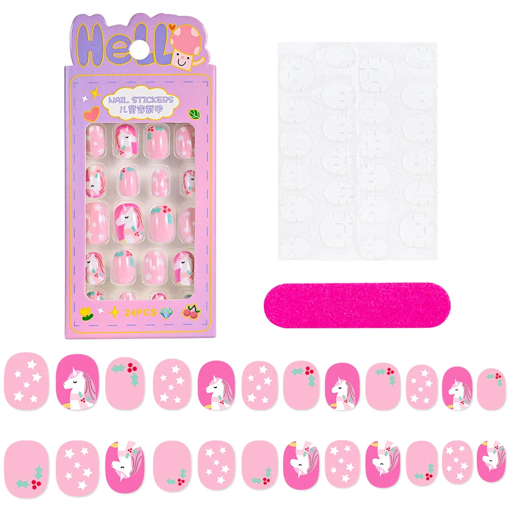 24Pcs/box Kids nails for Girl Cartoon Pattern False Nail Cute Child Fake Nails Tips Kawaii Acrylic Artificial Press on Nail+Tool