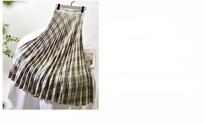 Looks Thin Pleated Skirt 2025 New High Waist A-line Skirt Mid-length Big Size Plaid Skirt Long Pleated Skirt Length 75-90cm