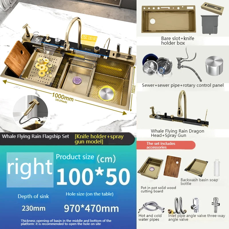 Stainless Steel Waterfall Kitchen Sink New With Draining Rack Digital Display Large Single Slot Dishwashing Sinks Wash Bowl