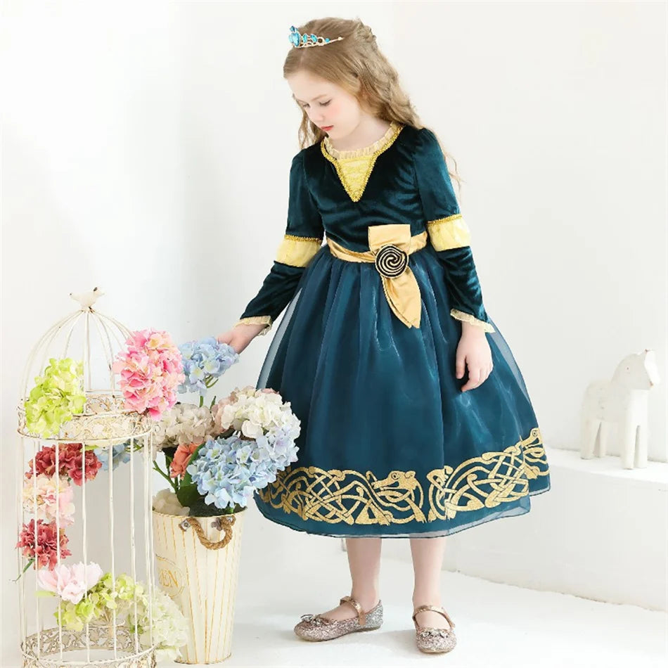 Girls Merida Cosplay Princess Dress Children Stage Performance Clothes Kids Halloween Carnival Party Long Sleeves Outfits.