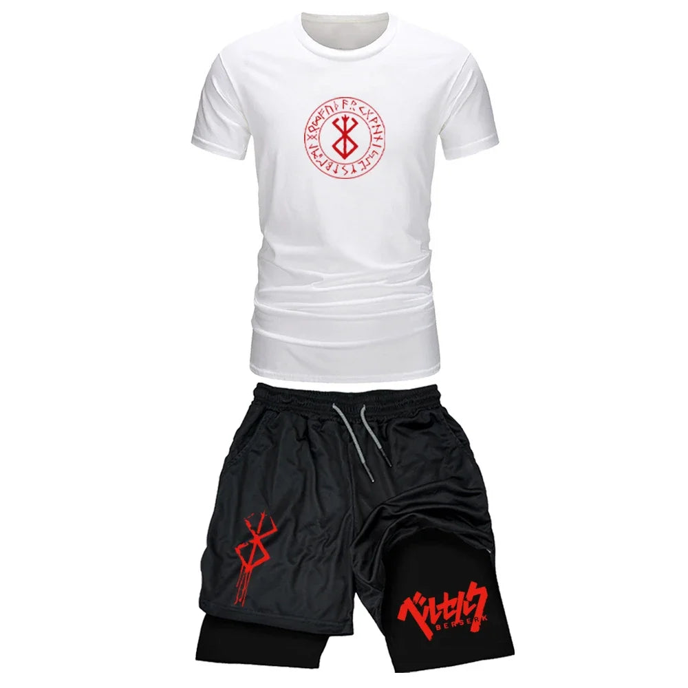 Men's Sports Streetwear Summer Breathable Casual T-shirt Set Outdoor Fitness 2-in-1 Compression Shorts Workout Track Clothes.