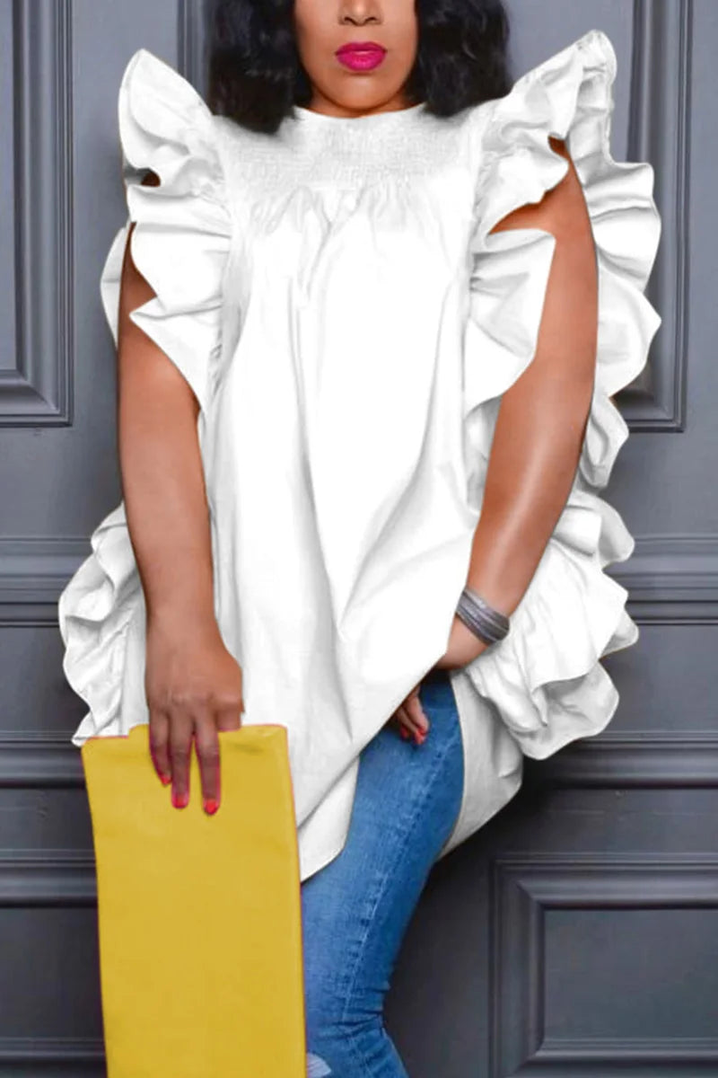 Frauen Rüschen Top Ärmelloses Rundhals Mode Elegante Solide Vintage Fly Hülse Sommer T-shirt für Weibliche Nette Hemd Tops.