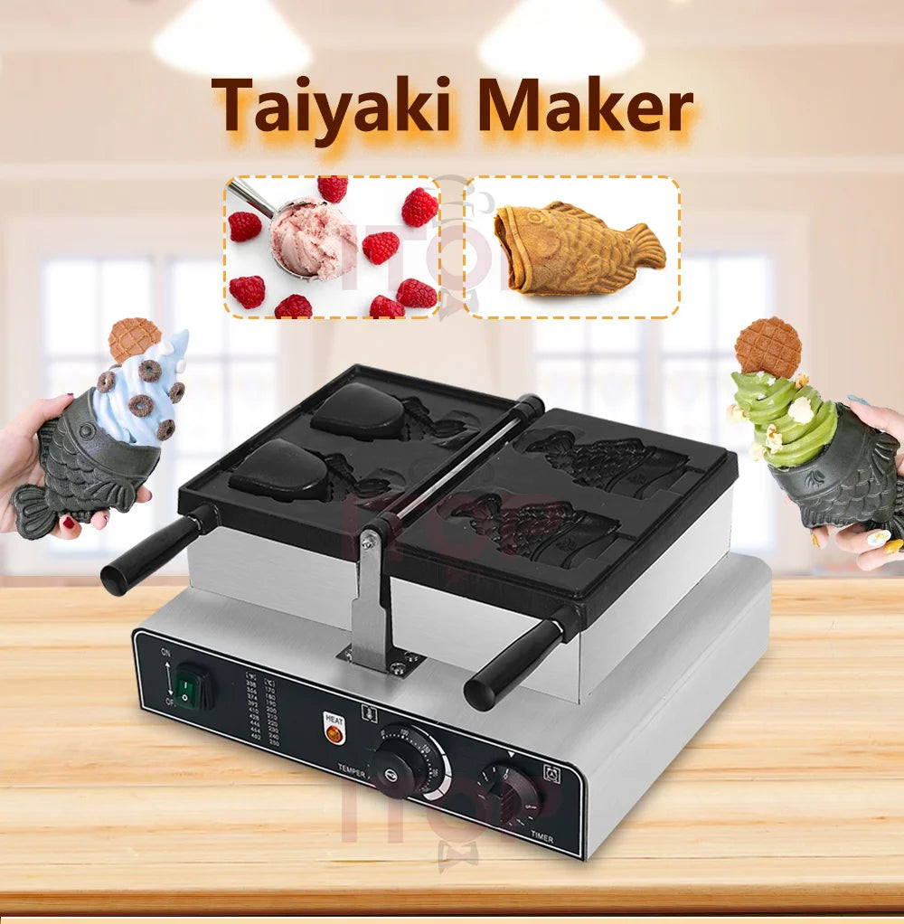 ITOP Taiyaki Waffle Maker 2 Fishes Commercial Ice Cream Taiyaki Pan Making Machine Waffle Cone Baking 2000W Muffin Pancake Snack.