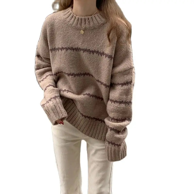 Retro Lose Pullover frauen Langarm Gestreiften Halb Stehkragen Stricken 2023 Herbst Winter Verdickt Warme Pullover.