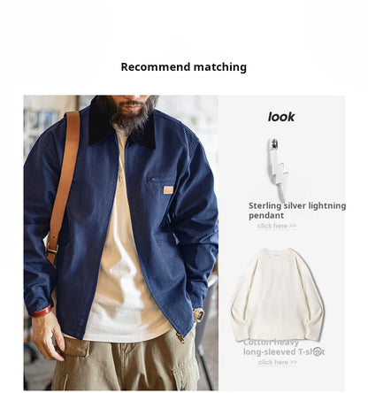 Maden Men's Retro J001 Detroit Jacket Heavyweight Canvas Hunting Coat Lapel Collar Work Jackets with Zipper for Spring Fall.