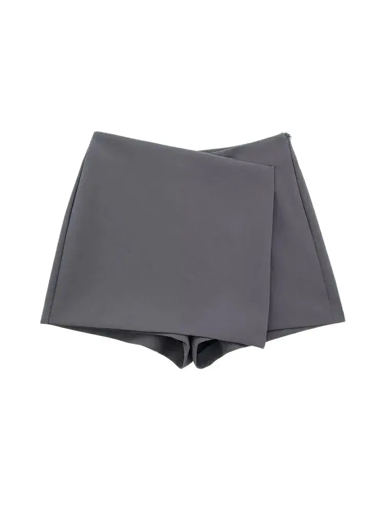 Women Fashion Asymmetric Pareo Style Self Overlay Shorts Skirts Vintage High Waist Side Zipper Female Skort Mujer.