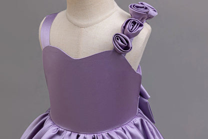 2025 Neues Mädchen-Partykleid mit lila Schwanz, Smoking für 2–6 Jahre alte Mädchen, Festival-Performance-Abendkleid, Huatong-Hochzeitskleid.