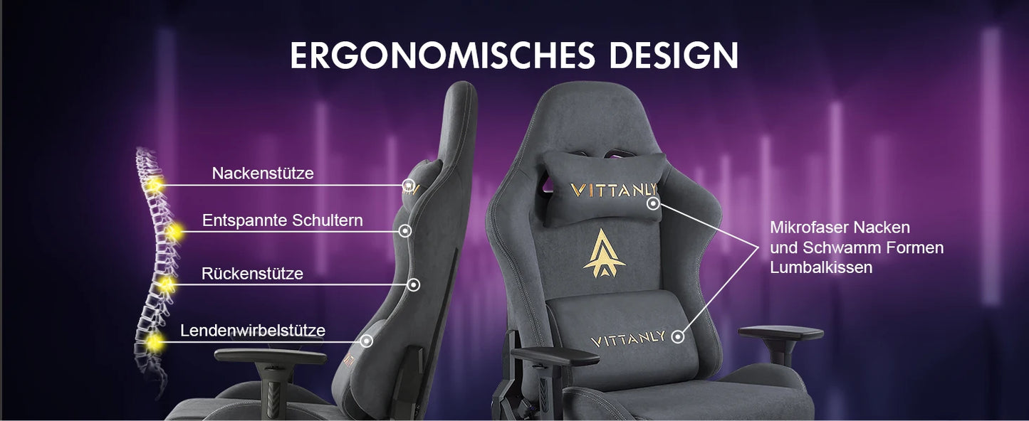 Gaming-Stuhl, luxuriöser, atmungsaktiver Bürostuhl aus Wildlederimitat, Spielstuhl, ergonomischer Gamer-Stuhl mit Fußstütze, Kopfstütze, Lendenpolster