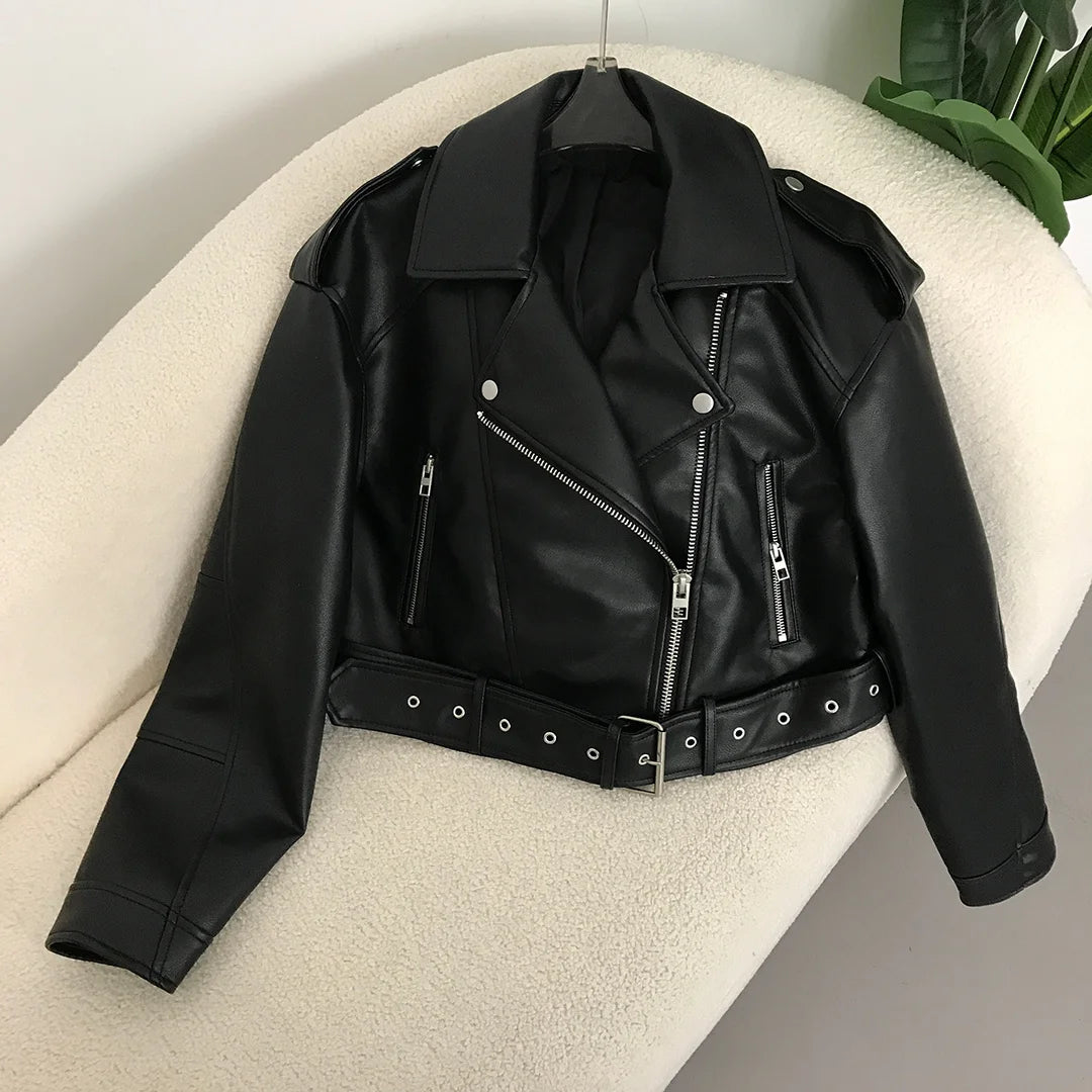 Neue Frühjahr Frau Faux Leder Jacke Chic Vintage Amerikanische straße tragen Kurze Revers Zipper Gürtel Biker Mäntel Mode Streetwear
