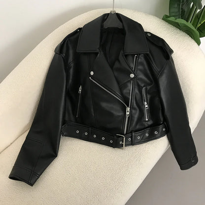 Neue Frühjahr Frau Faux Leder Jacke Chic Vintage Amerikanische straße tragen Kurze Revers Zipper Gürtel Biker Mäntel Mode Streetwear