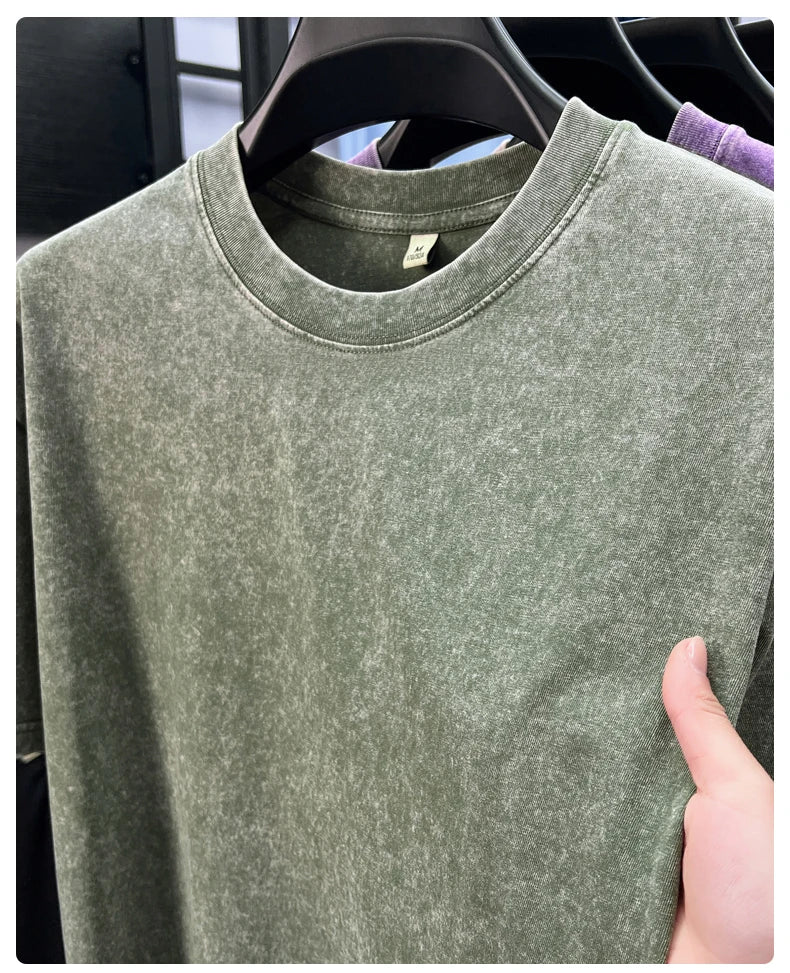 Personality washed vintage short sleeve T-shirt high-end 100% pure cotton men fashion round neck comfort lightweight casual top.