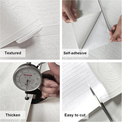 3D-Tapete mit weißer Prägung zum Abziehen und Aufkleben, Damaststruktur, selbstklebende Tapete, modernes, florales, abnehmbares Kontaktpapier