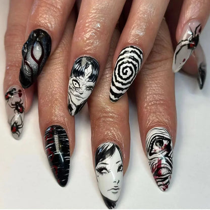 24Pcs Horror Comic Tomie Press on Nails Almond Glossy Black Japanese Anime Nails Reusable Halloween False Nail Tips for Girls.