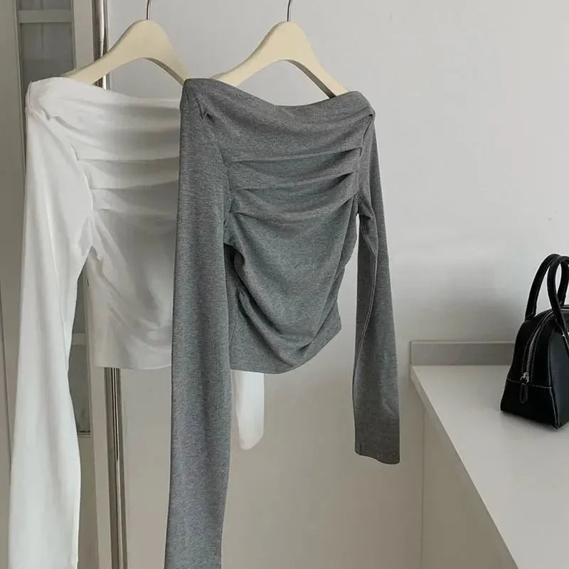 JOEVILU Pleated Off Shoulder Crop Tops Women's Slim Fit Long Sleeve T-shirt Korean Fashion Niche Base Shirt Aesthetic Clothes.