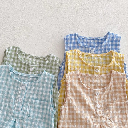 2024 Sommer Baby kleidung Plaid Kleinkind Jungen Mädchen Bodysuit ärmel los einteiliges Kleinkind Outfit.