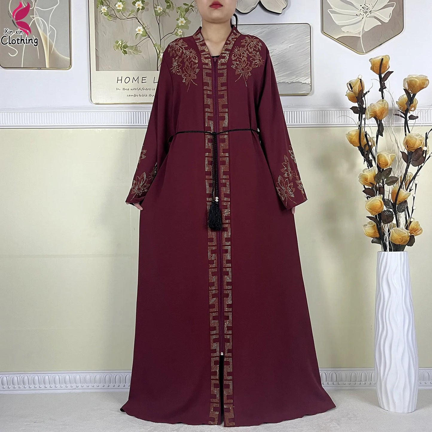 New Muslim Abayas For Women Long Sleeved Dress Dubai Lady Elegant Long Dress Islam Clothing African Abaya Loose Robe With Turban.