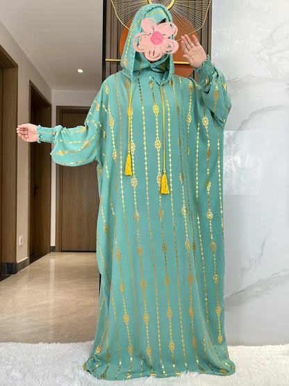 High Grade Cotton Fabric Ramadan Muslim Two-Hat Abaya Dubai Turkey Islam Prayer Clothes Gold Dust Dress Islam Women Dress Kaftan.