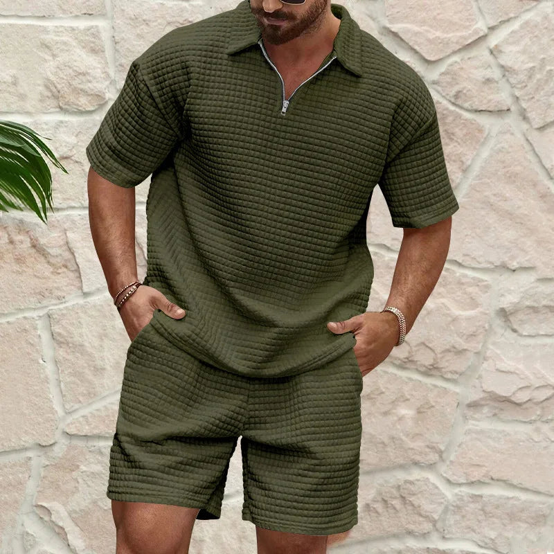 2024European and American Men's Spring and Summer Trends Youth Outdoor Lapel Small Plaid Short Sleeve Shorts Sports Suit.