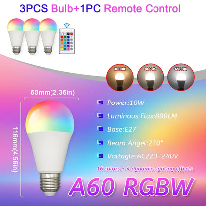 E27 RGB LED Light Bulb 220V 10W with IR Color Changing Control Remote Multicolor + White Lamp Spotlight for Bedroom Party Home
