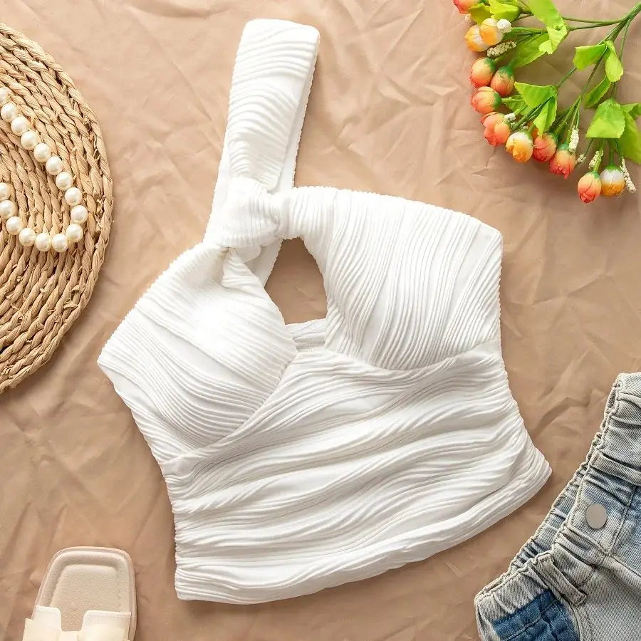 One shoulder openwork off-the-shoulder water ripple asymmetrical bandeau top.