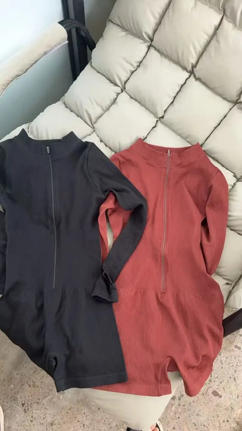 Seamless Ribbed Knit Bodysuit Women Zip Up Stand Collar Long Sleeve Thumbhole Yoga Romper Winter Thermal Workout Outfit.