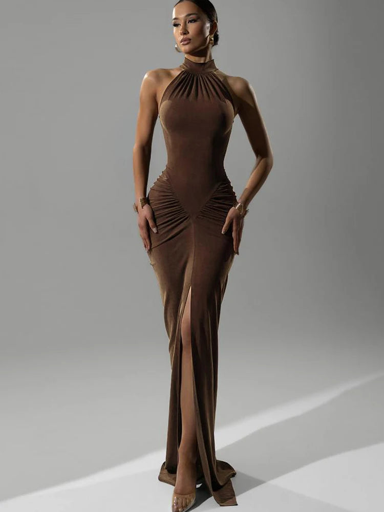 Whatiwear Off Schulter Mode Maxi Kleid Frauen Geraffte Rollkragen Ärmel Splits Robe Mitternacht Prom Party Elegante Vestidos.