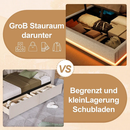 140*200cm Polsterbett mit LED-Lichtleiste und mehreren Ablagefächern, für Schlafzimmerwäsche, Beige (ohne Matratze)