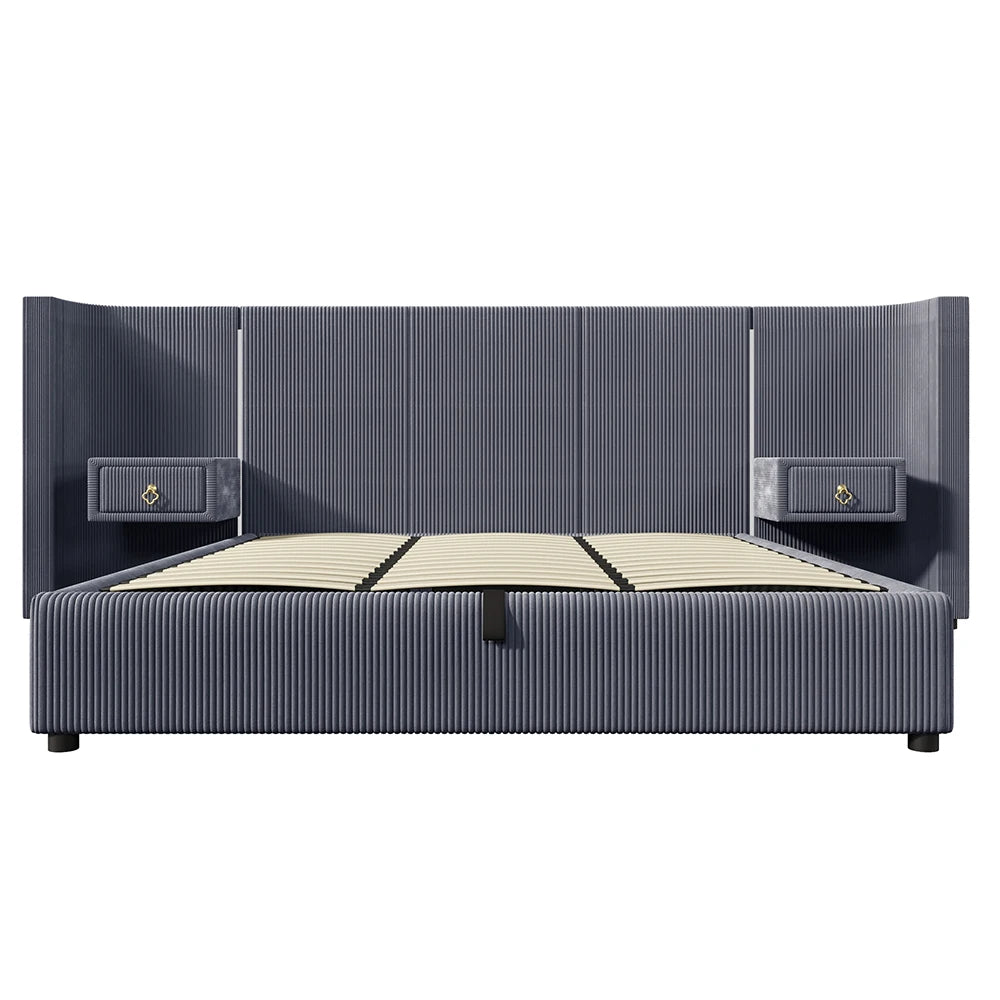 KOMHTOM Polsterbett 180x200cm, Samt mit, LED-Leiste, hydraulischem Stauraum, 2 Schubladen und USB+TYPE-C Anschluss