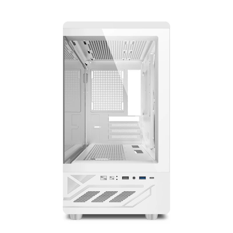 Power Train N5 MATX desktop room with a column-free sea view features a glass side computer case supports 360 water cooling.