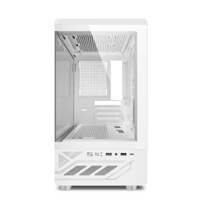 Power Train N5 MATX desktop room with a column-free sea view features a glass side computer case supports 360 water cooling.