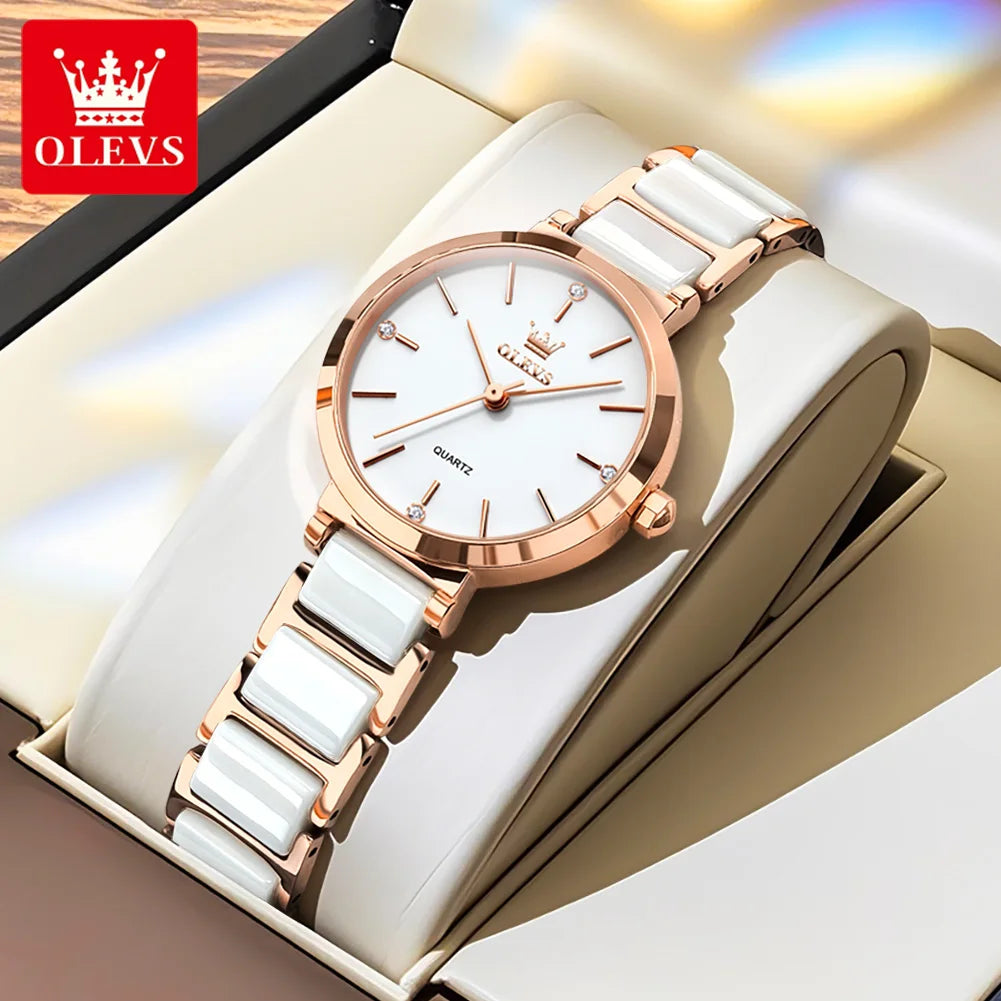 OLEVS 5877 Japan Quartz Movement Woman Watch Simple Elegant Luxury Rose Gold Ceramics Strap Waterproof Ladies Dress Wristwatch.