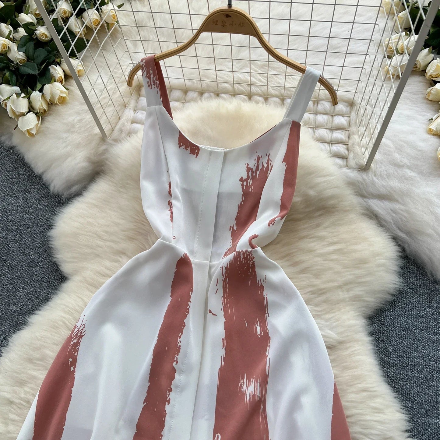 Neue Sommer Druck Süße Kleid Träger O Neck Backless Split Elegante Damen Urlaub Strand Party Midi Sommerkleid