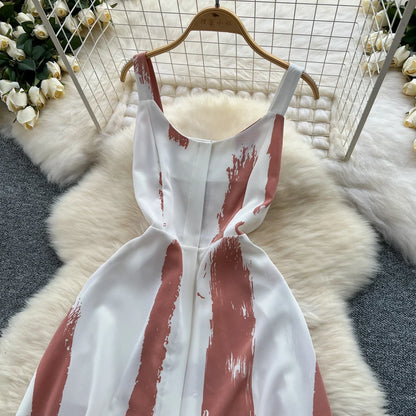 Neue Sommer Druck Süße Kleid Träger O Neck Backless Split Elegante Damen Urlaub Strand Party Midi Sommerkleid