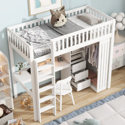 Merax Hochbett 90x200 cm Schreibtisch Kleiderschrank 3 Schubladen offener Stauraum Geländer Treppe ohne Matratze Weiß