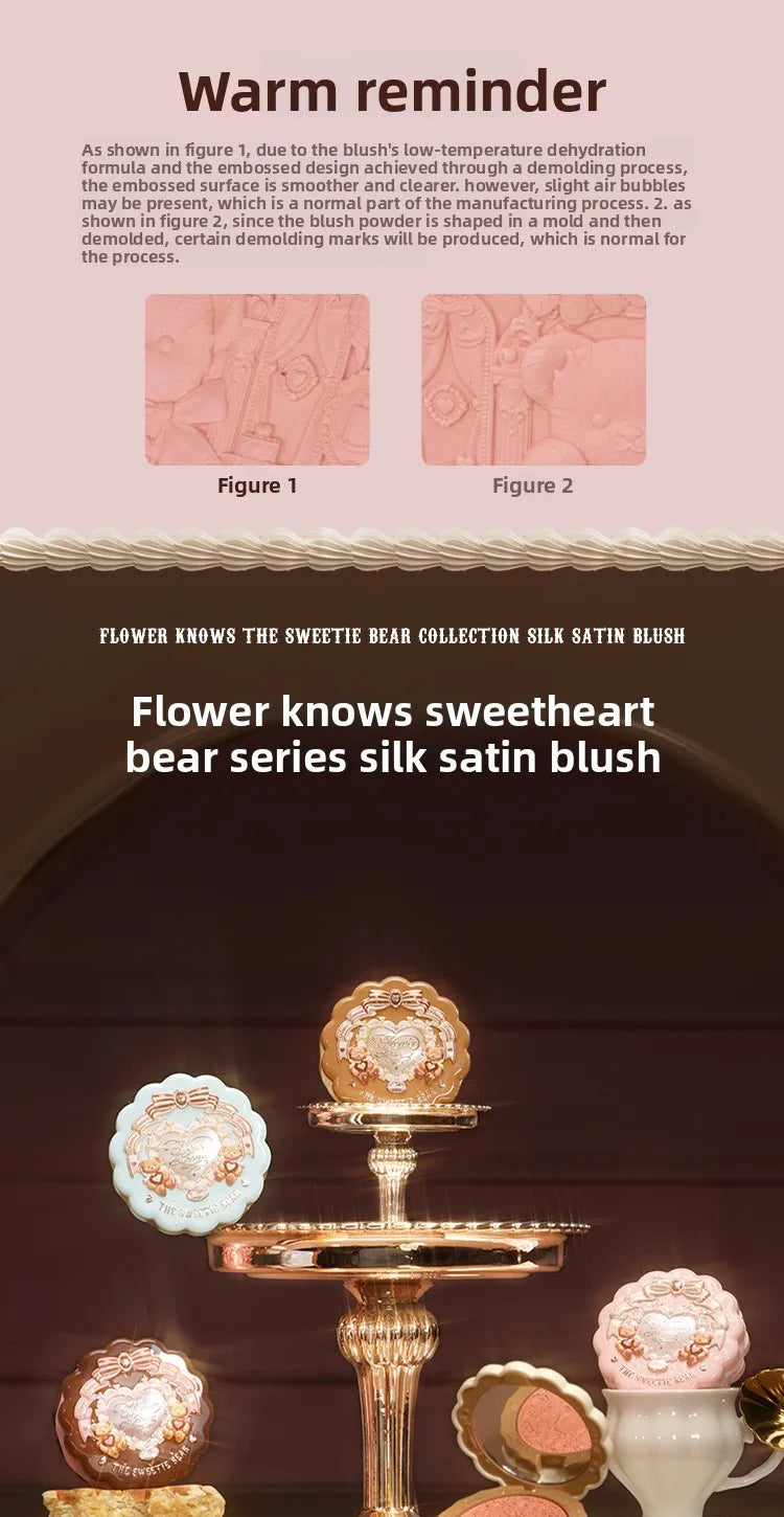 Flower Knows The Sweetie Bear Collection Satin embossed blush Lasting Matte Puffing Natural Brightening Facial Cosmetics 5g.