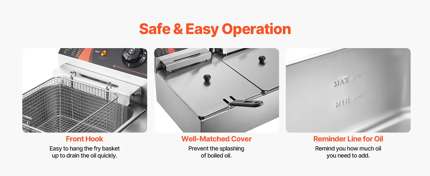 SucceBuy 12L 5000W elektrische Fritteusen, zwei Tanks mit Doppelkorb und Deckel, doppelte Fritteuse, einstellbare Temperaturregelung