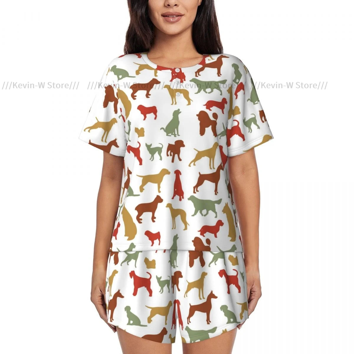 Zweiteiliges Damen-Pyjama-Set mit Rundhalsausschnitt und kurzen Ärmeln. Dog Breed, lässiges Pyjama-Set für zu Hause.