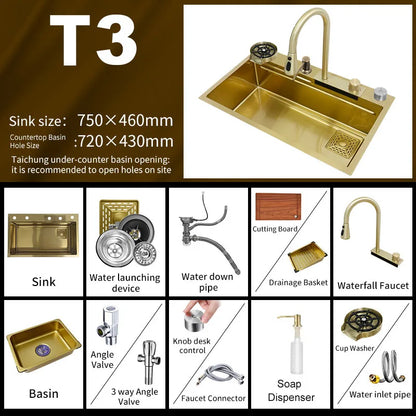 YCRAYS Golden Nano Multifunctional Kitchen Sink 4 Mode Waterfall Faucet Large Single Bowl Soap Dispenser Pure Tap Cup Washer