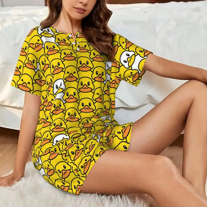 Benutzerdefinierte Frauen Gelb Klassische Gummi Ente Pyjamas Set Gedruckt Zwei-stück Pj Sets Kurzarm Nachtwäsche Loungewear