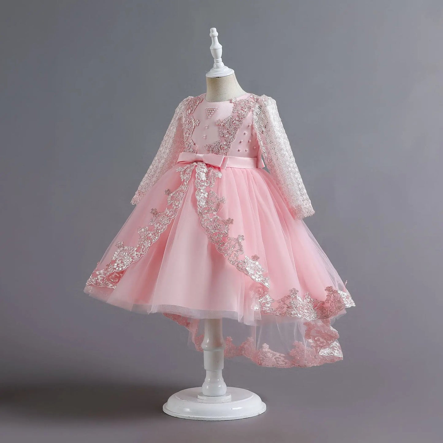 Party-Tüll-Kleider für Mädchen, langärmelig, Spitze, Perlen, nachgestelltes Prinzessinnenkleid für Kinder, Hochzeit, Geburtstag, Performance, Abendkleid.