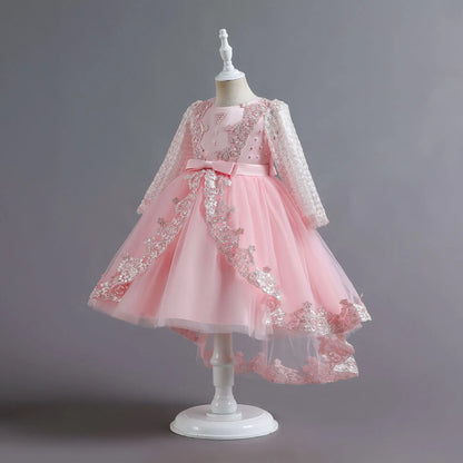 Party-Tüll-Kleider für Mädchen, langärmelig, Spitze, Perlen, nachgestelltes Prinzessinnenkleid für Kinder, Hochzeit, Geburtstag, Performance, Abendkleid.