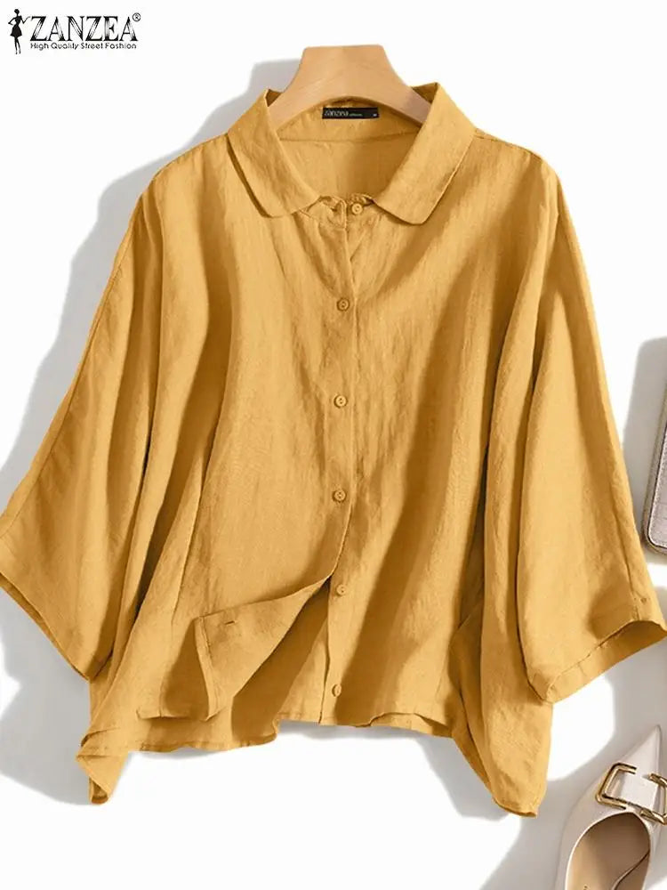ZANZEA Summer Fashion Lapel Neck Shirt Women Elegant 3/4 Sleeve Blouse Work Buttons Down Tops Tunic Female Casual Loose Blusas.