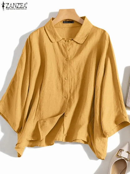 ZANZEA Summer Fashion Lapel Neck Shirt Women Elegant 3/4 Sleeve Blouse Work Buttons Down Tops Tunic Female Casual Loose Blusas.