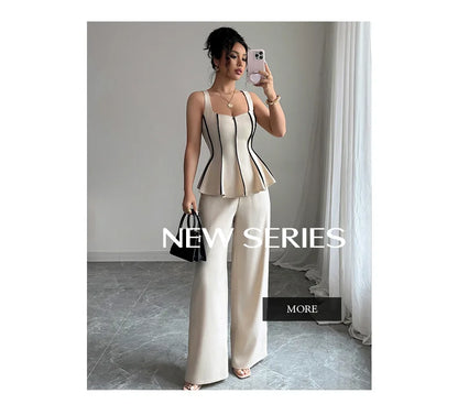 Two Piece Sets Women Pant Set Sleeveless Matching Sets Ruffles Tops Y2k Streetwear Elegant Work Wide Leg Long Pants High Waist.