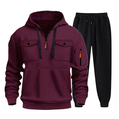 2025 new autumn/winter men's multi pocket zipper hooded sweatshirt+sports pants two-piece jogging and leisure fitness suit set.