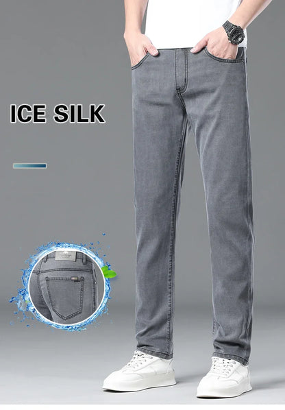 Summer Lyocell Ultra-thin Jeans Men Straight Stretch Breathable Denim Pants Fashion Business Casual Male Trousers Black Gray.