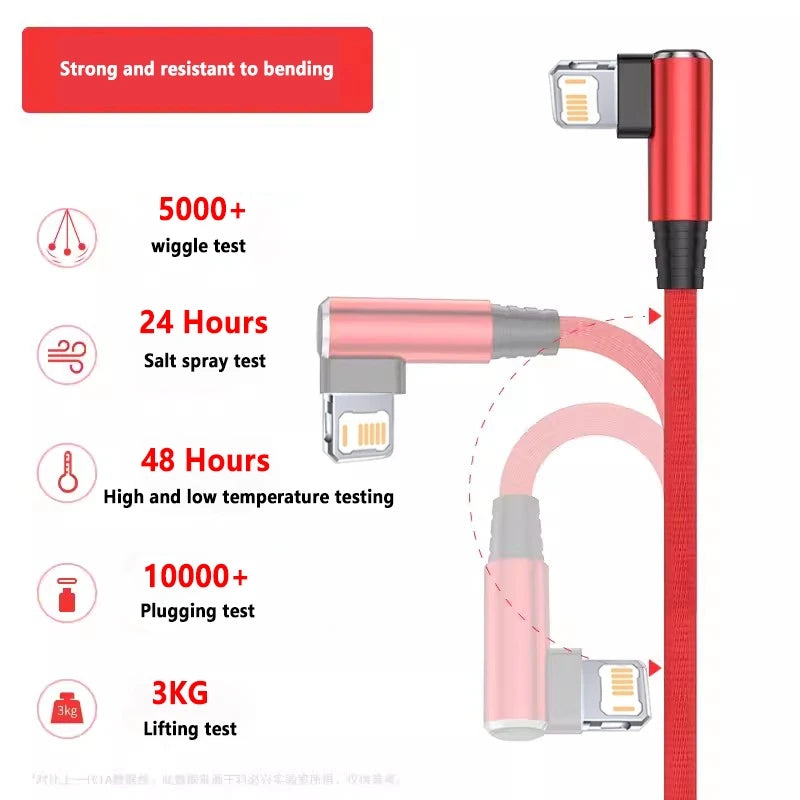 For Gaming Elbow Fast Charger Cable for iPhone 14 8 7 6S Plus 13 12 mini 11 Pro XS Max XR X 90 Degree Braided USB Charging Cable.