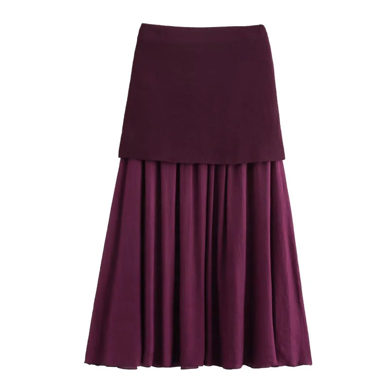ETJ 2025 spring new  women's elegant fashion same color splicing small pleated hem high waist knit skirt