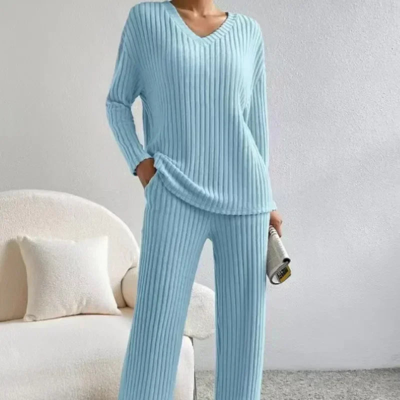 Women's Pajamas Autumn Winter New Casual Straight Pants Pullover Sleepwear Loose V Neck Knitted Home Wear Two Piece Loungewear.