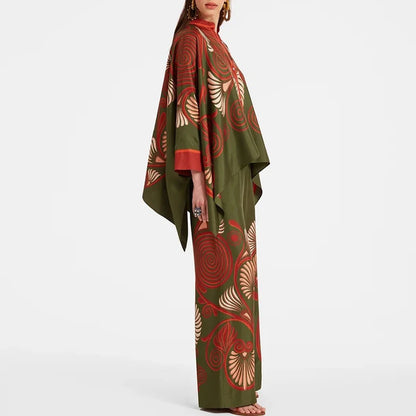 Retro Printed Loose Indie Folk Outfit Women Spring Stand Collar Button Irregular Top+Pant Set Fall Batwing Long Sleeve 2pcs Suit.